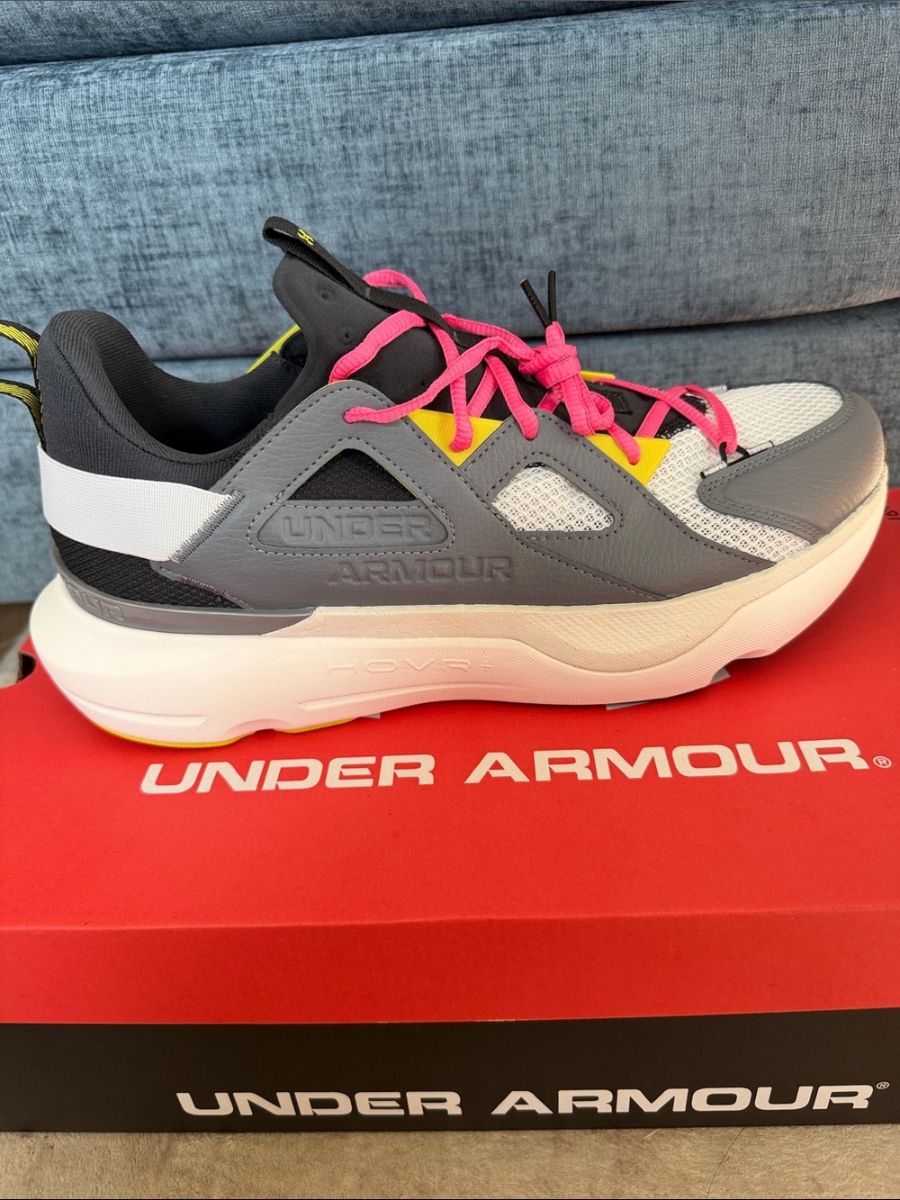 Under Armour Unisex Infinite Mvmnt Gray, White & Pink Sneakers Yellow Accents